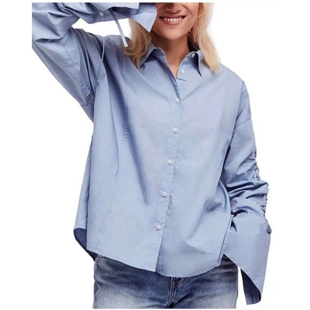 FREE PEOPLE Blue 100% Cotton Brown Eyed Girl Top Poplin Blouse Size S $88 NEW